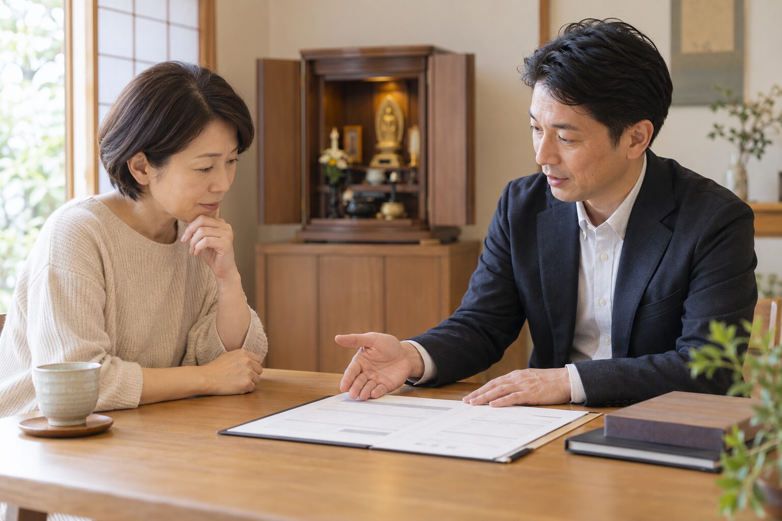 仏壇の引き取り内容と見積もりを確認する様子
